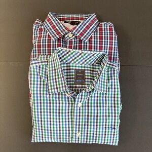 Banana Republic GAP Non Iron Slim Fit Button Down Shirt Blue White Green L Plaid